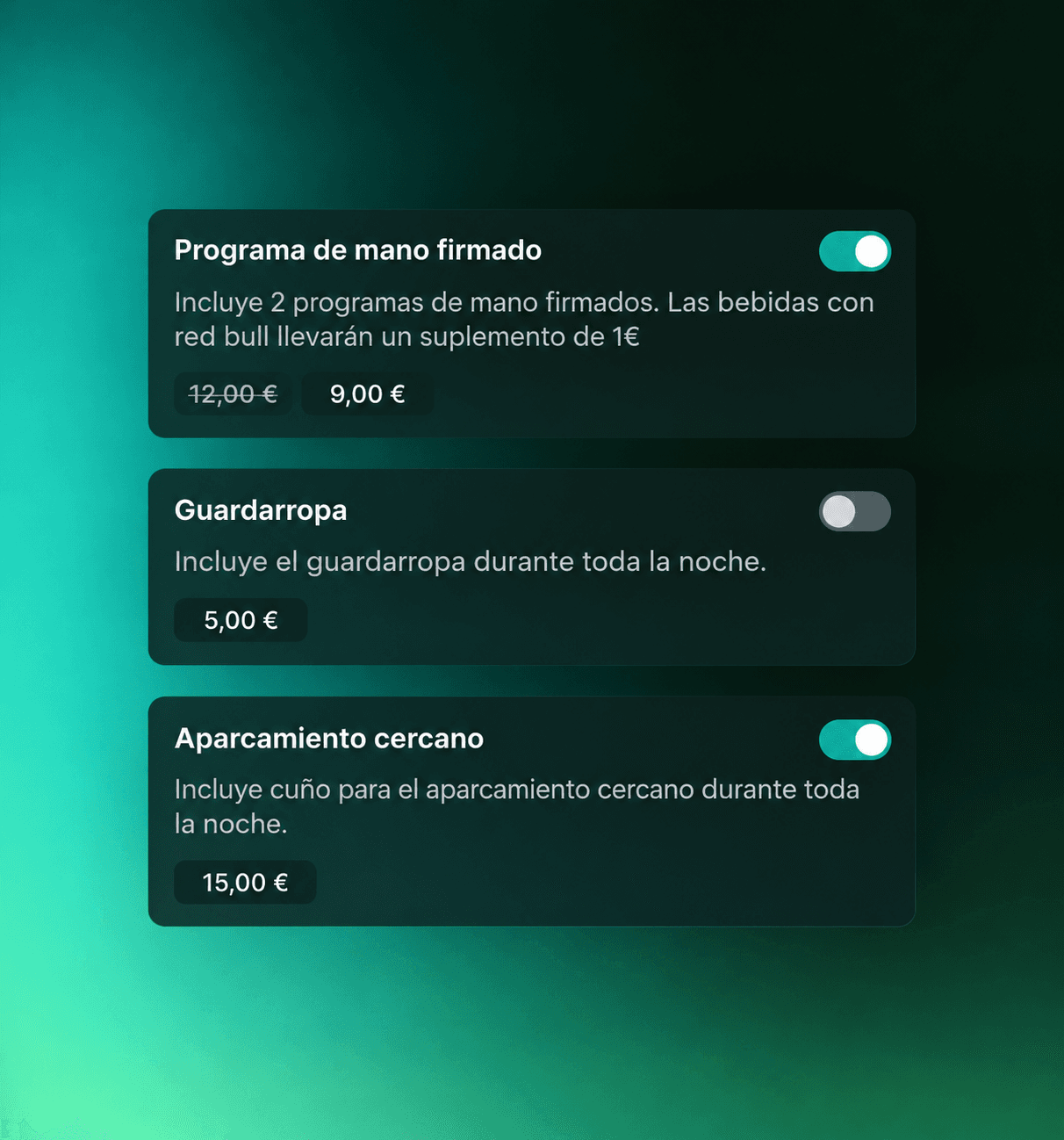 Extras del checkout: programa de mano, guardarropa, aparcamiento